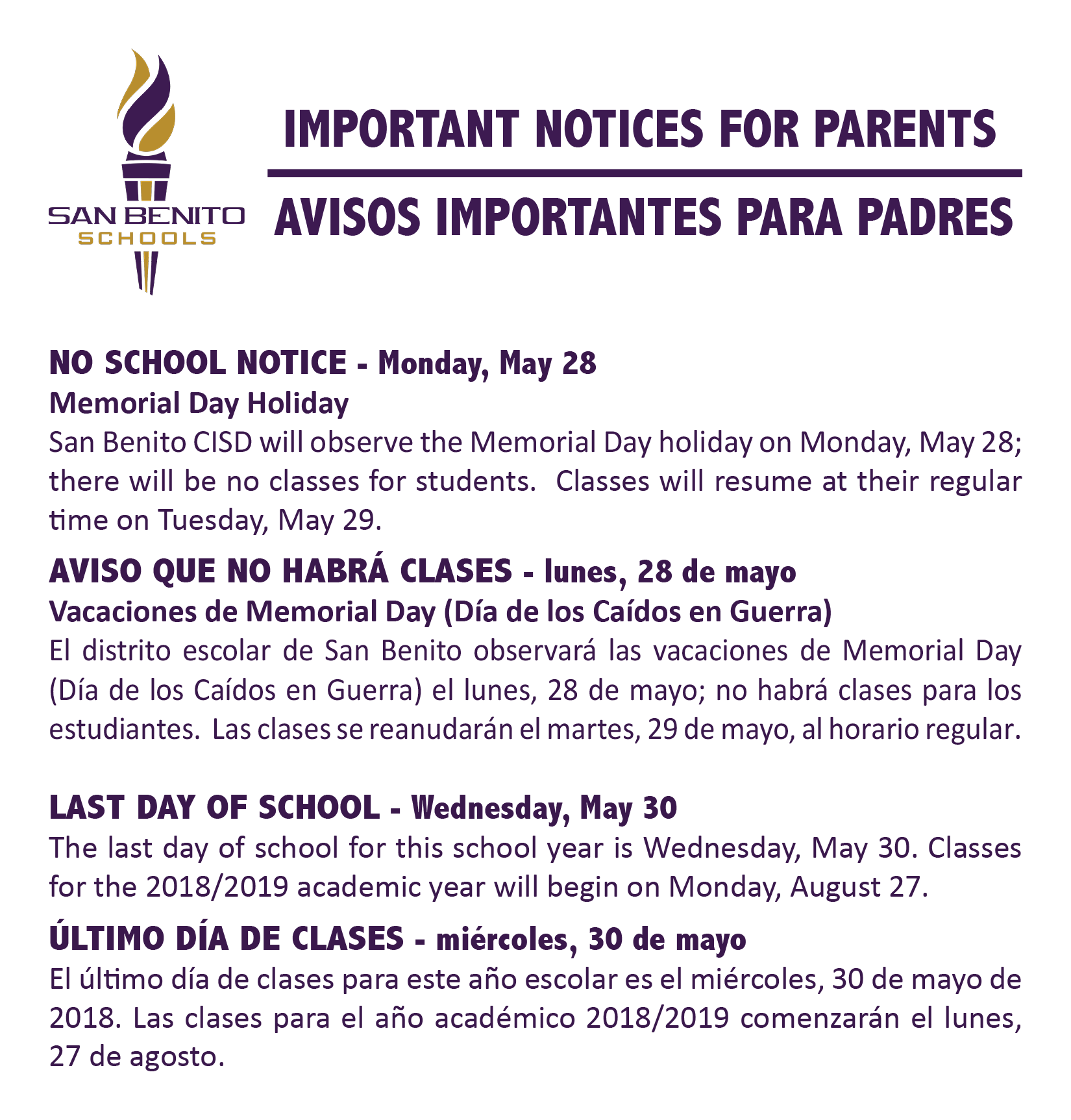 Important notices for parents