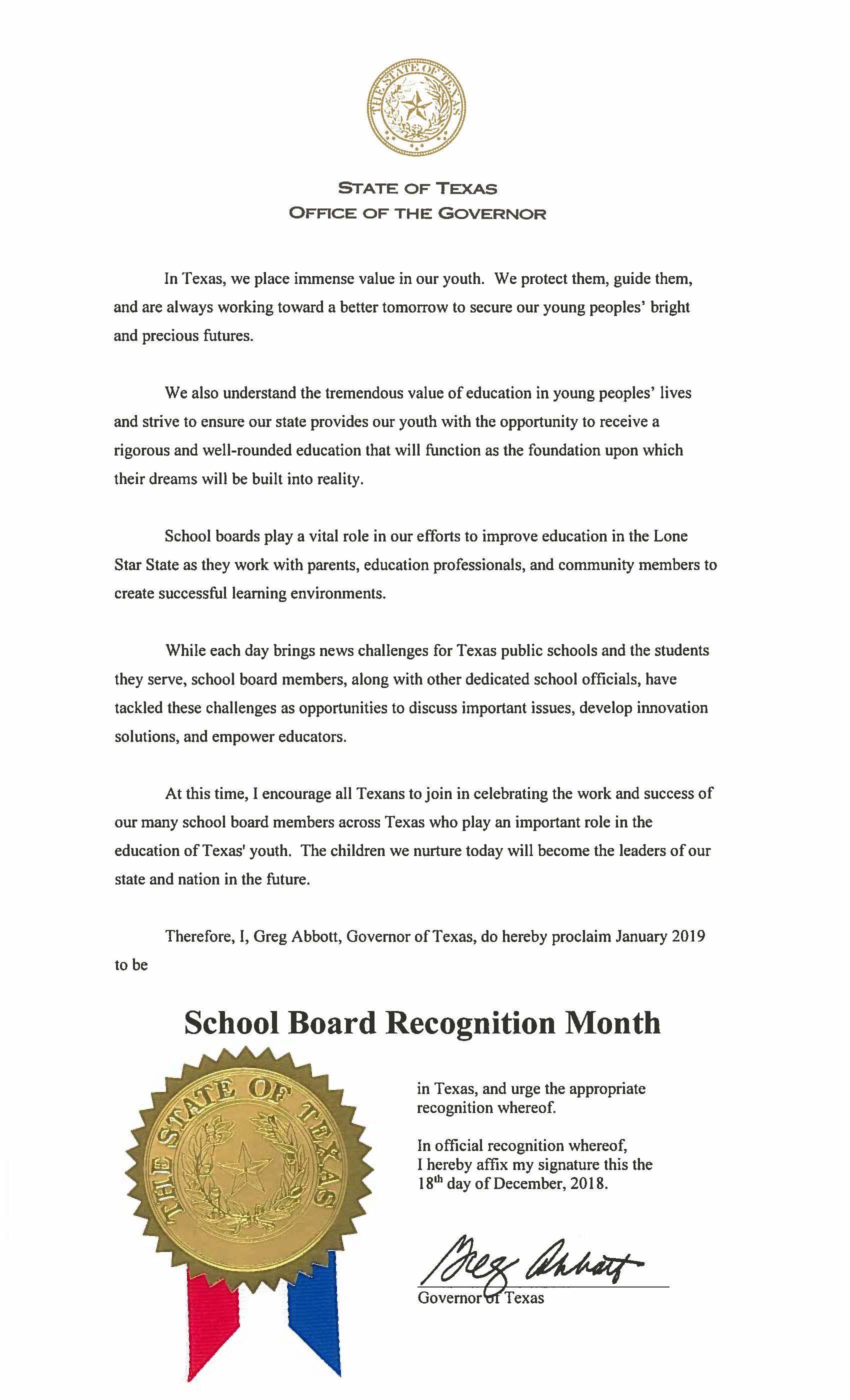 State of Texas Board Recognition