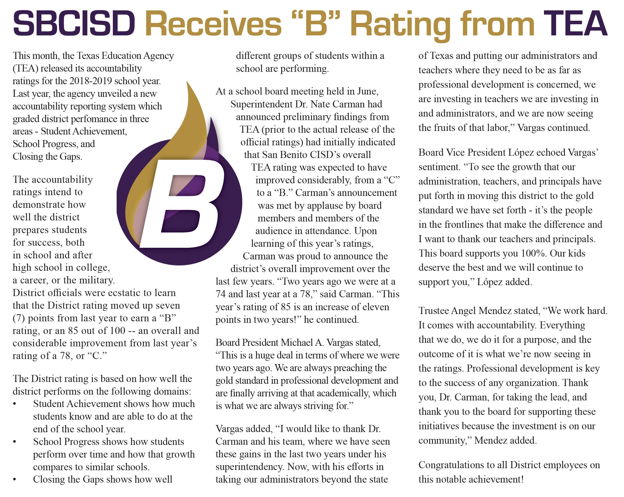 SBCISD Receives B Rating from TEA